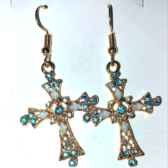 Elegant Gold and Blue Cross Earrings - Picture 6 of 6